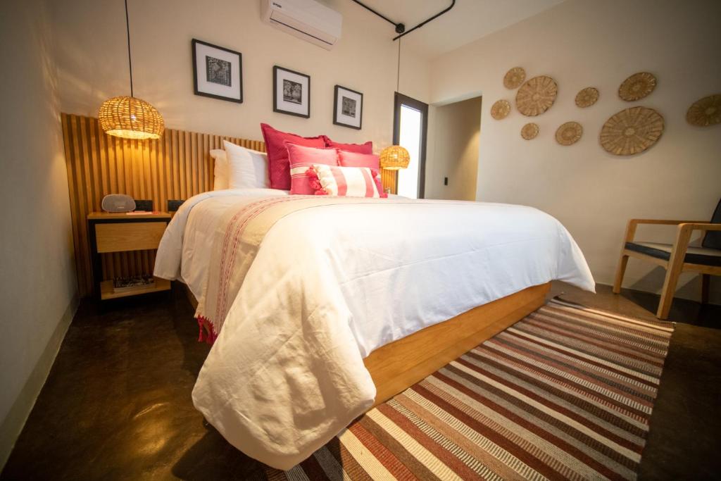 瓦哈卡市Casa Rosamate的一间卧室配有一张带红色枕头的大床