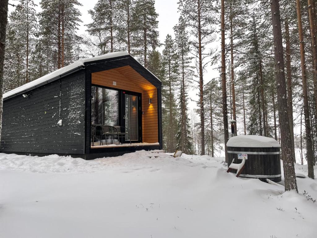 霍萨Villa Kutula的雪中树林中的黑色小屋