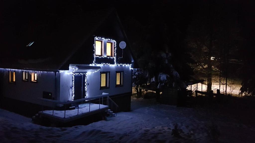 坦瓦尔德Chata Tanvaldský Špičák的夜晚雪中灯火通明的房子
