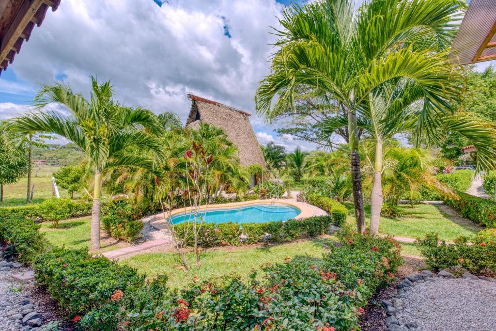 萨玛拉Hotel Villas Tangerine的享有带游泳池和棕榈树的度假村的外部景色