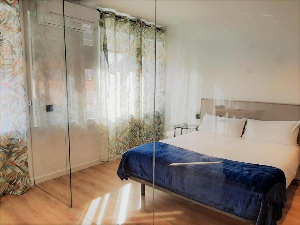 萨拉曼卡Apartamentos Celestina by gaiarooms的一间卧室设有一张床和玻璃墙