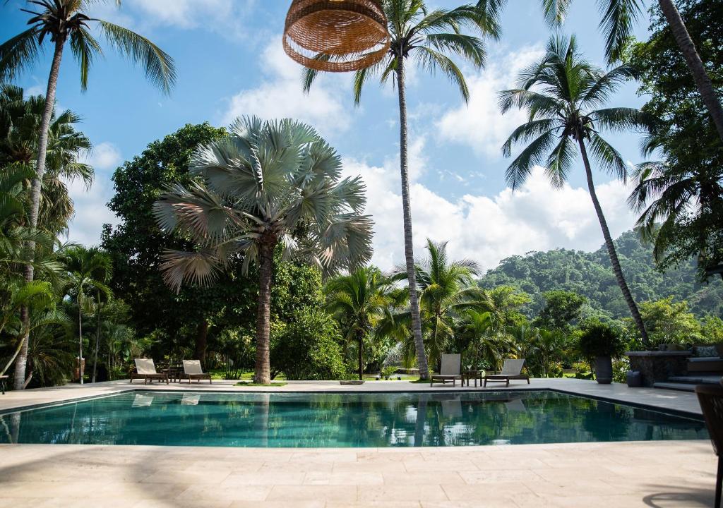 伯里塔卡Hotel La Finca Buritaca by DOT Premium的度假村内棕榈树游泳池