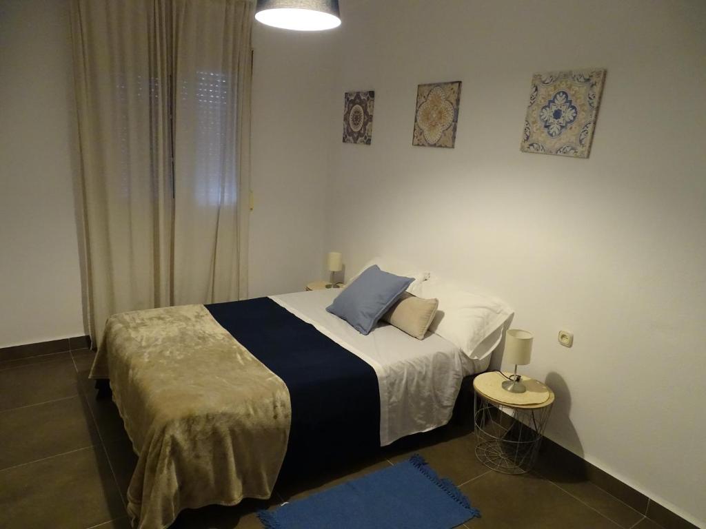 赫雷斯-德拉弗龙特拉Casasjerezanas Vistaflor2的一间卧室配有一张带蓝色枕头的床。