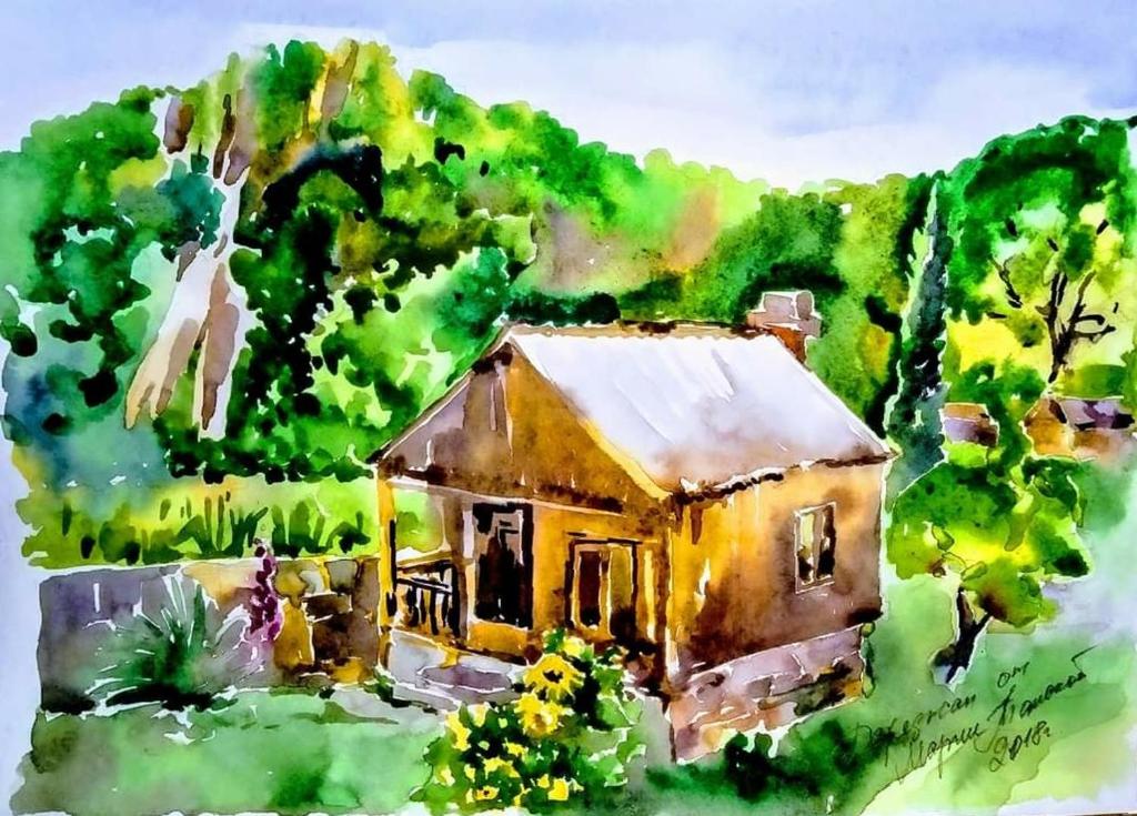 SatsiskviloDiscover Kinchkha的田野中房屋的绘画