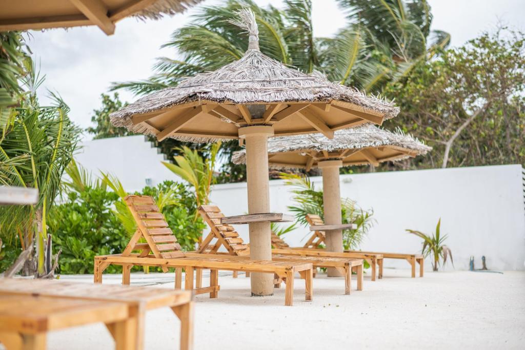 MaradhoofeydhooTrue South的海滩上的一排椅子和遮阳伞