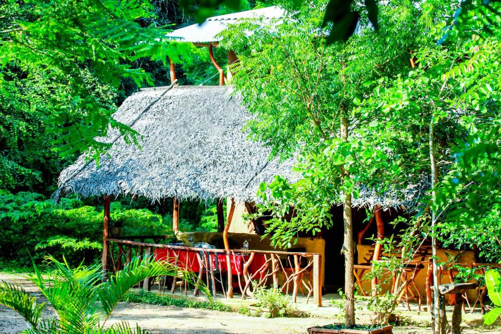 锡吉里亚Relax Nature Villa的森林中茅草屋顶的小屋