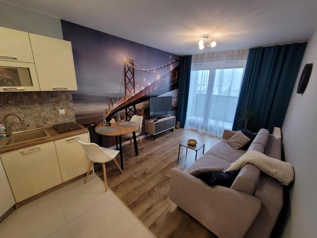 乔左维尔考普尔斯基Apartament Warszawska 26 - Klimatyzacja的带沙发的客厅和厨房