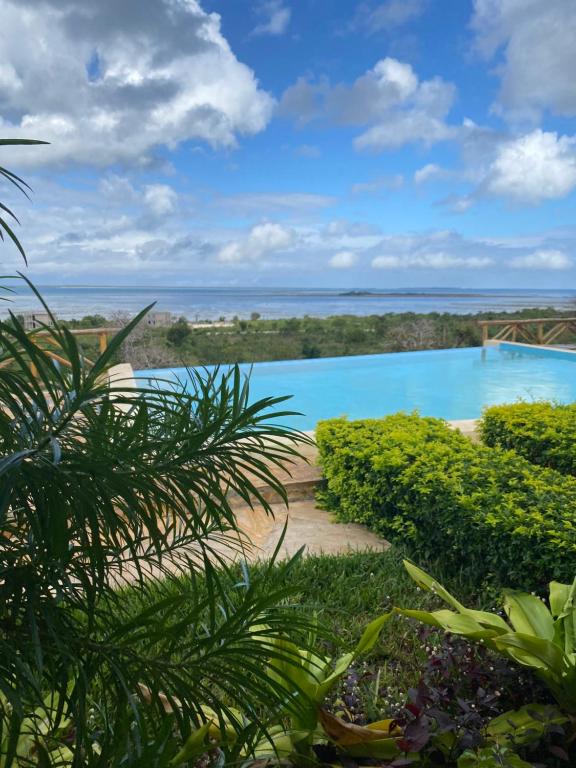 KidotiBig Furaha Villa的享有游泳池的景色,背景是大海