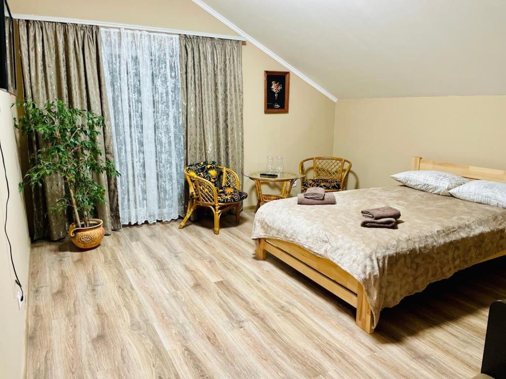 穆卡切沃Капрі的一间卧室配有一张大床和一张桌子