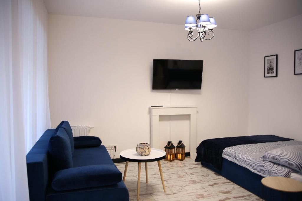 格但斯克P&K Motlawa Apartment的客厅配有蓝色的沙发和床。