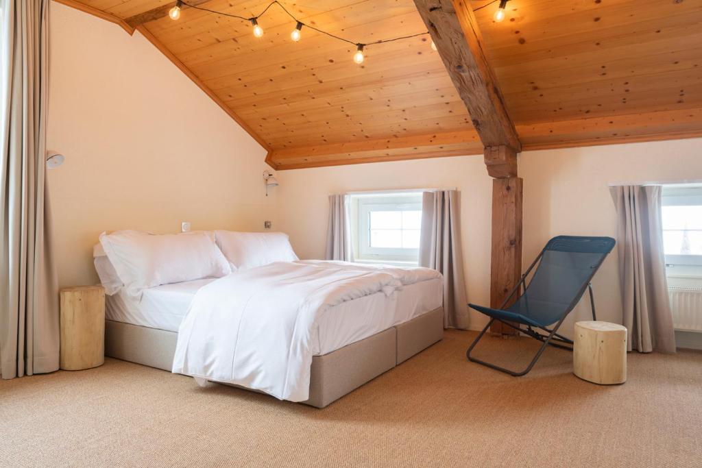 瓦尔·蒂利兹Peanut Mountain Lodge & Le Communal的一间卧室配有一张床和一把椅子