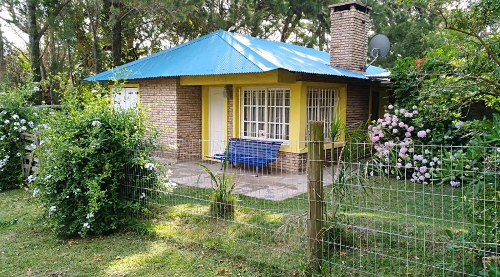 马尔多纳多Casa Azul的院子中一座黄色和蓝色的小房子