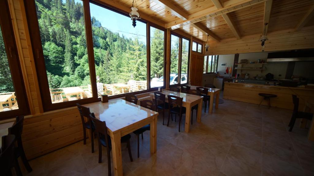 艾德亚耶拉西Ayder Cise Dag Evleri的厨房以及带桌子和窗户的用餐室。