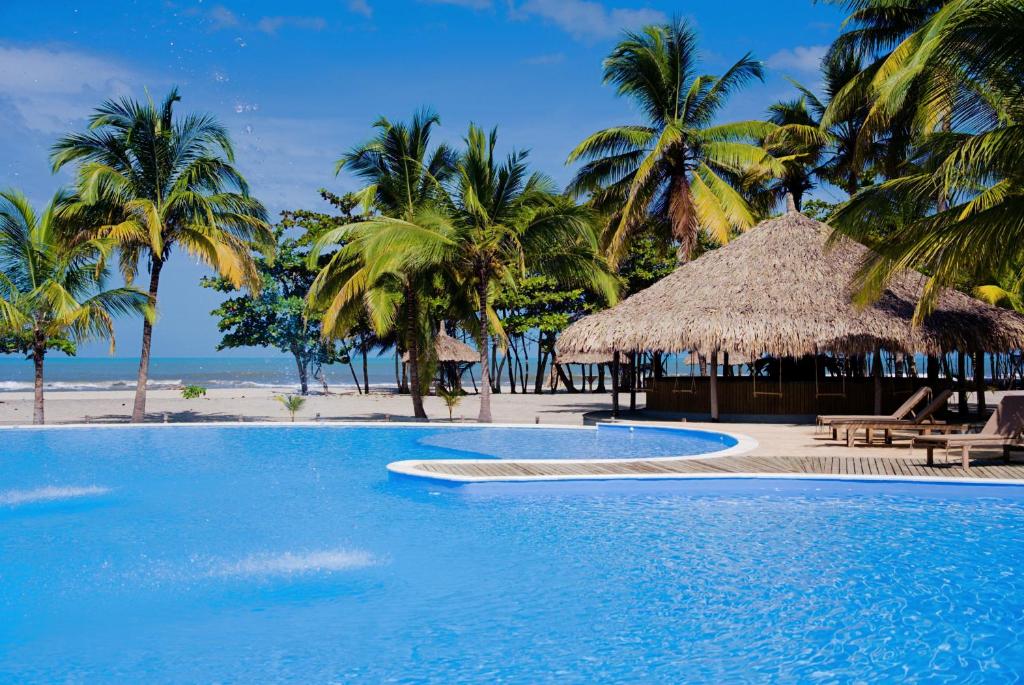 伯里塔卡Tay Beach Hotel Tayrona的棕榈树和海滩的度假游泳池