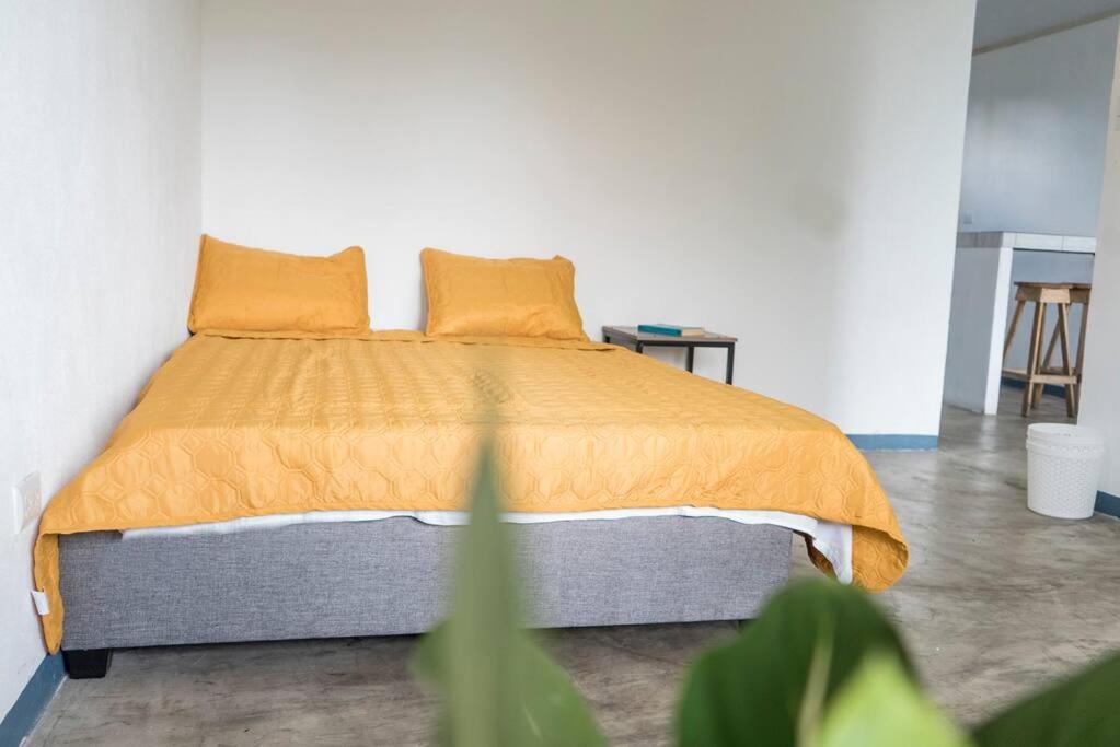 GuácimaNAPPO Room 2 Alajuela, Heredia,SJO,5min from airport NO PARKING的一张带橙色棉被和两个枕头的床