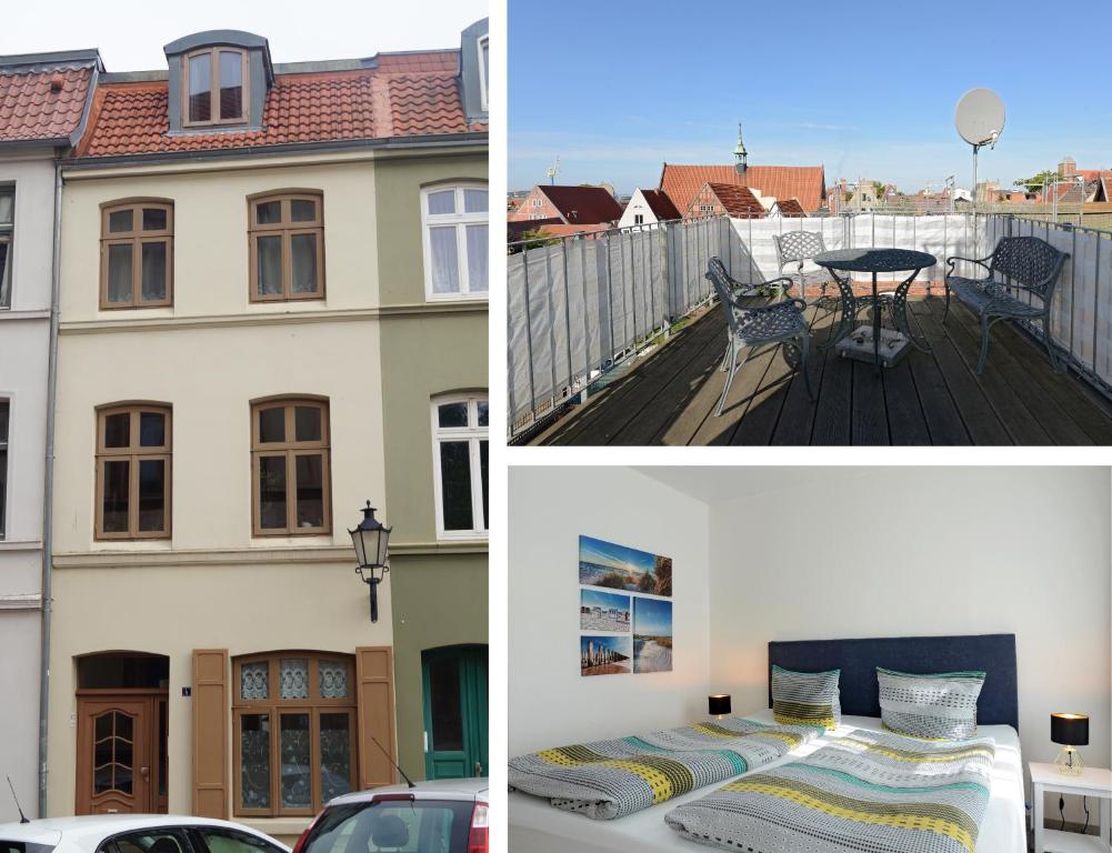 维斯马Fürstenhof Apartment Wismar的一张房子和一张甲板上的床铺的三张照片