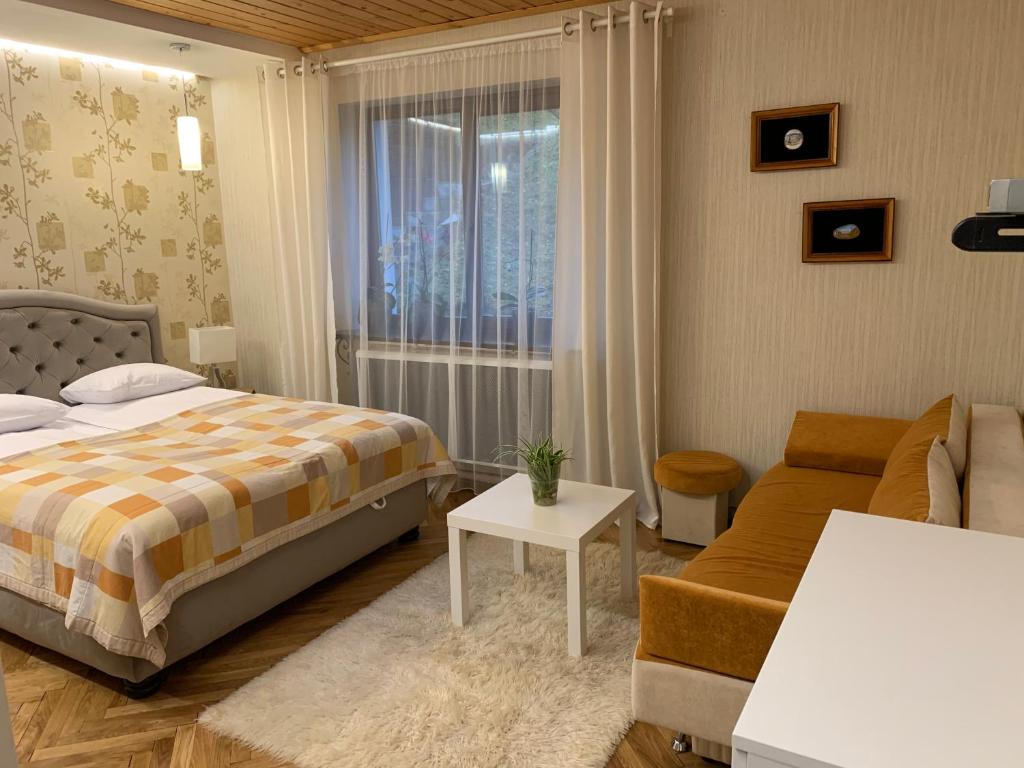 斯拉夫西克Sadyba Anastasia的一间卧室配有一张床、一张沙发和一个窗口
