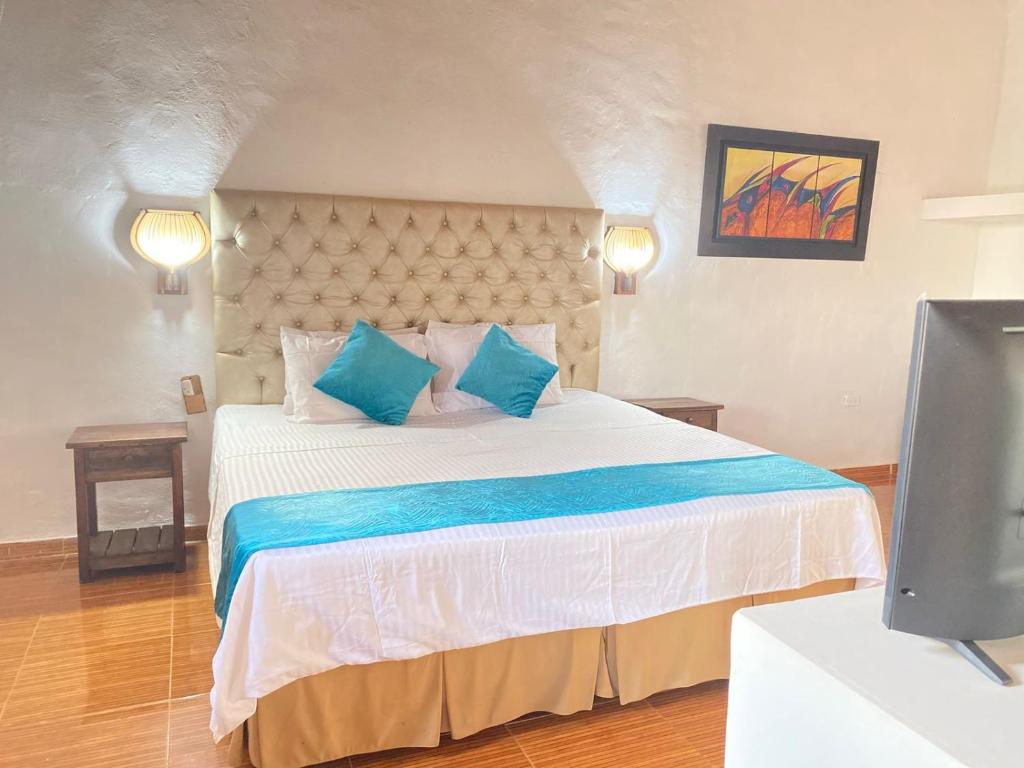 巴里查拉Y Spa桑托斯德彼德拉酒店的一间卧室配有一张带蓝色枕头的床和一台电视。