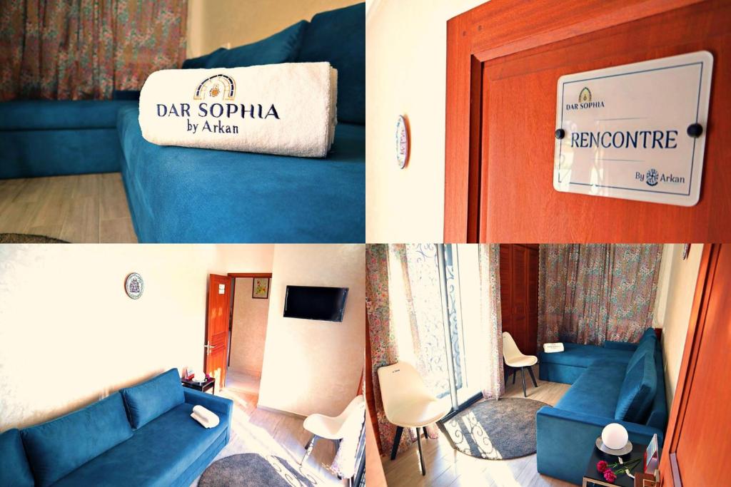 杰迪代DAR SOPHIA BY ARKAN ELJADIDA的一张蓝色沙发客厅的照片拼在一起