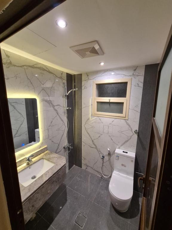 阿可贺巴Rose Neri Lavender روز نيري الخزامى的一间带水槽、卫生间和镜子的浴室