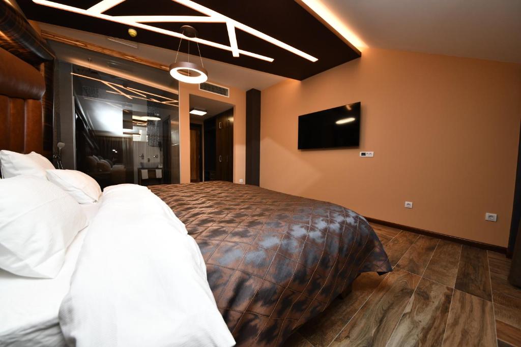 洛兹尼察Hotel Havana Loznica的卧室里有一张床和一台电视机