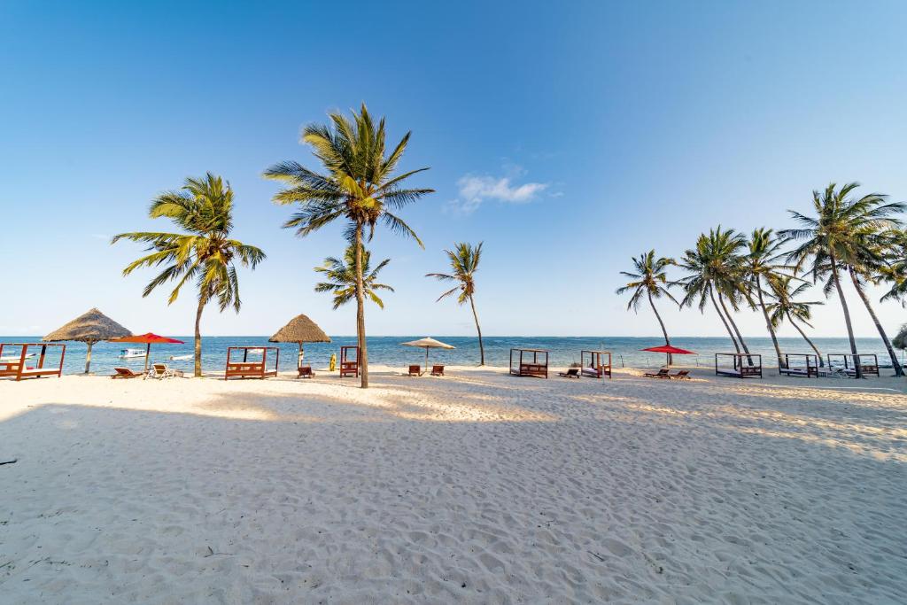 蒙巴萨PrideInn Paradise Beach Resort & Spa Mombasa的棕榈树和椅子的海滩和大海