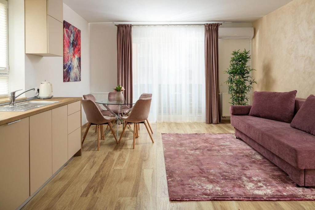 布拉索夫Brasov Holiday Apartments的厨房以及带沙发和桌子的客厅。