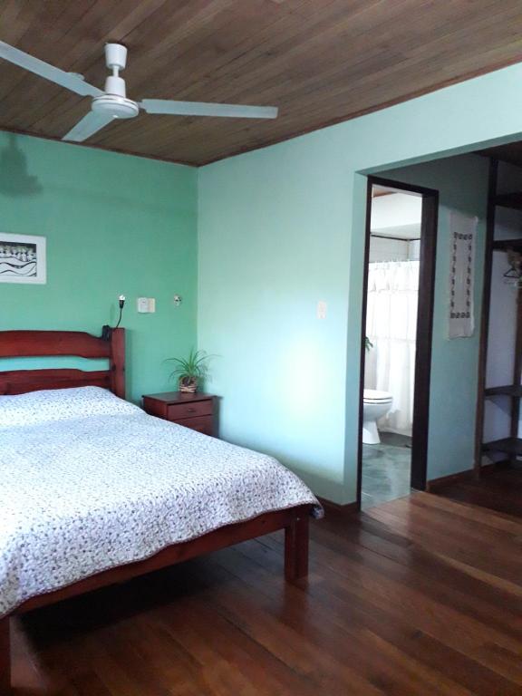 伊瓜苏港Jardín de Naipí的一间卧室配有一张床和吊扇