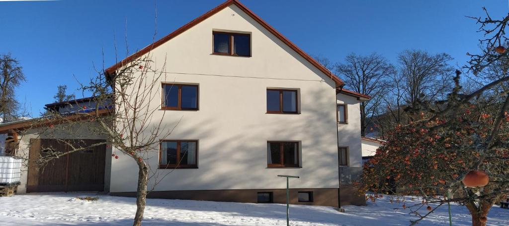 捷克布杰约维采U Kapličky的雪中带棕色屋顶的白色房子