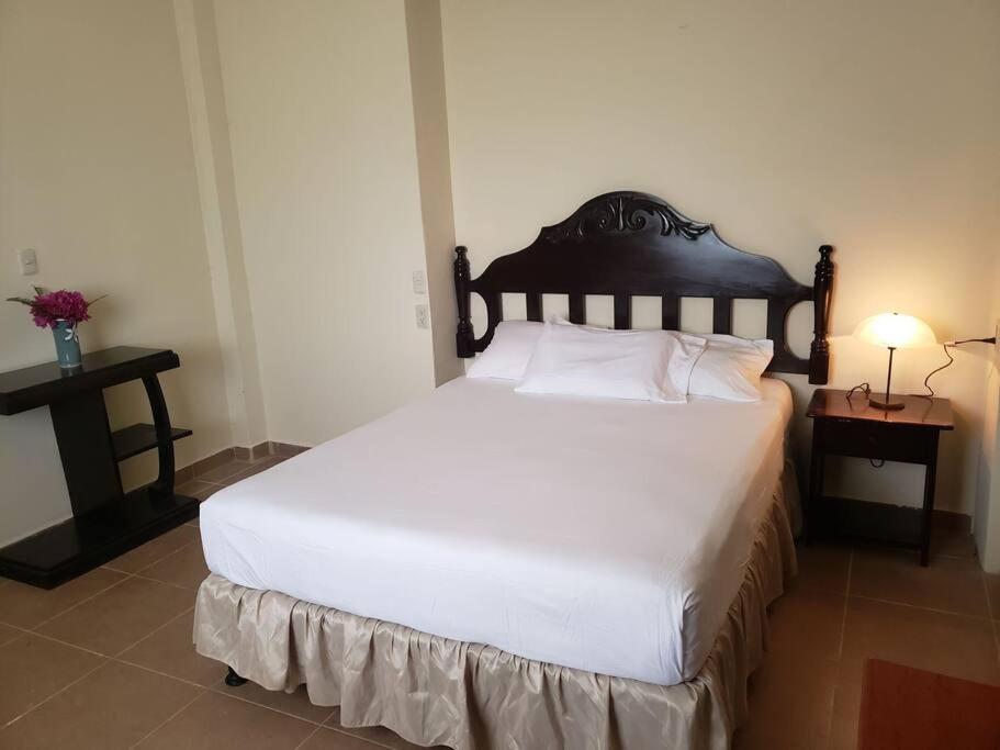 埃斯特利Casa de campo by the river的卧室配有一张白色大床和木制床头板