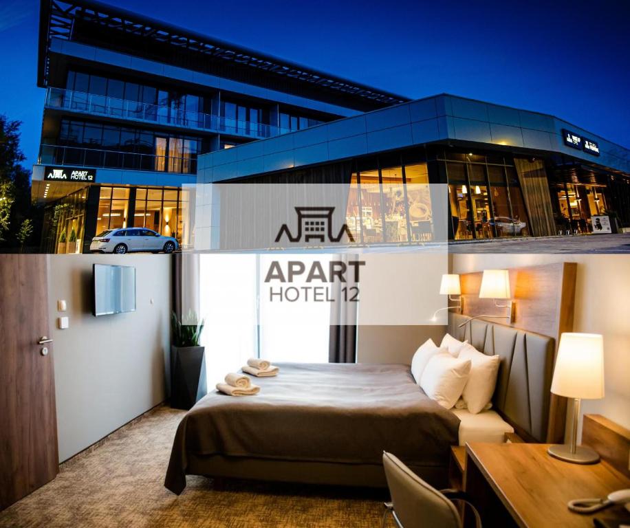 热舒夫APART HOTEL 12的酒店客房,在大楼前设有一张床
