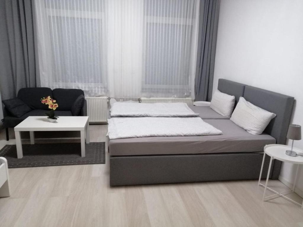 科隆Wohnung in Köln 2B的一间卧室配有一张床、一张沙发和一张桌子