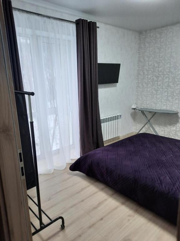 波利亚纳Апартаменти у Сонячному Закарпатті的一间卧室设有紫色的床和大窗户