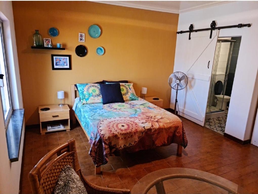 塔拉法尔B&B "Villa Alegria", Tarrafal的一间卧室配有一张床、一张桌子和风扇