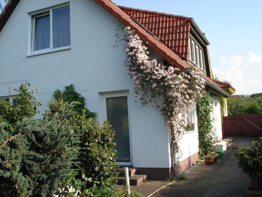 施特拉尔松德Vermietung Wenzel的白色房子的一侧有鲜花
