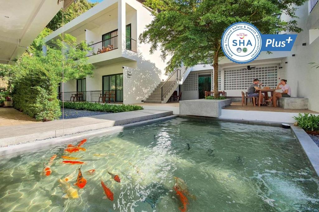 奥南海滩Mini House Aonang Hotel SHA Plus的一座建筑前的游泳池,里面养着 ⁇ 鱼