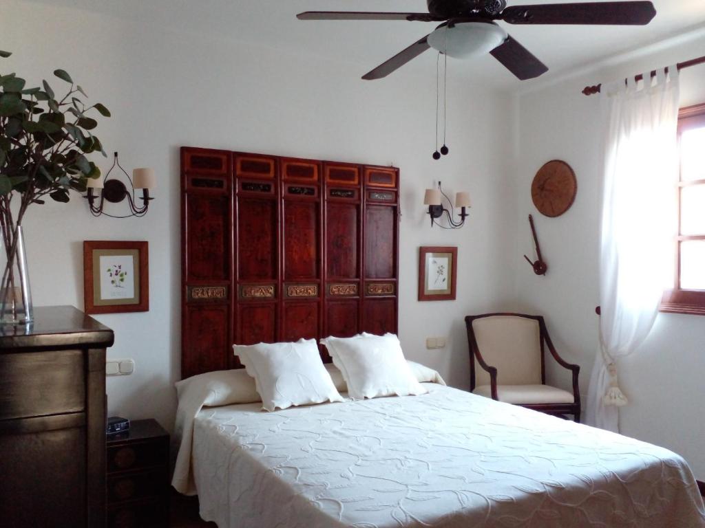 卡门港Chalet Nº 7 Tajinaste的一间卧室配有一张带吊扇的床
