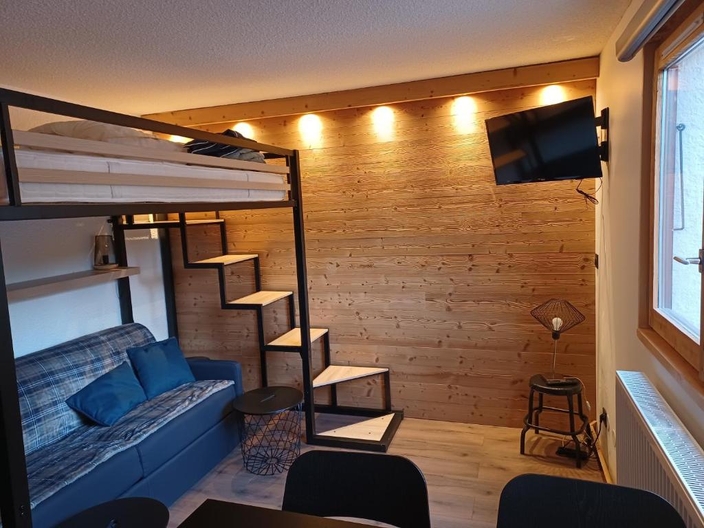 瓦卢瓦尔Studio cosy et chaleureux的客厅配有双层床和电视