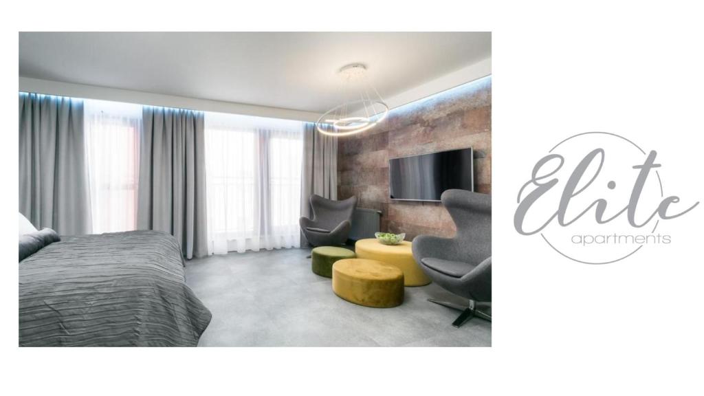 格但斯克Elite Apartments Waterlane Free Swimming Pool Access的一间卧室配有一张床铺和椅子以及一台电视。