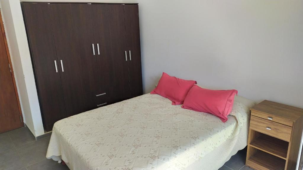 维拉卡洛斯帕兹Lofts en la Sierra!!的一间卧室配有一张带两个粉红色枕头的床