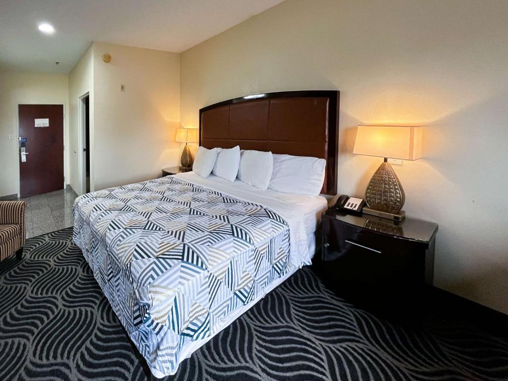 Breaux BridgeExecutive Inn & Suites Breaux Bridge, LA的酒店客房设有一张大床和一盏灯。