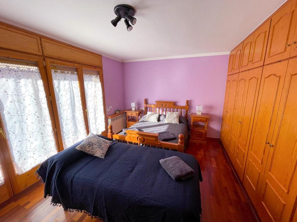 巴加Cal Patola Xic的一间拥有紫色墙壁的卧室和一张床铺