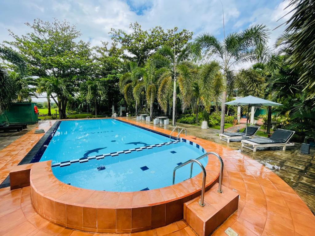 波隆纳鲁沃提山度假酒店的一座大型游泳池,铺有木地板,种有树木
