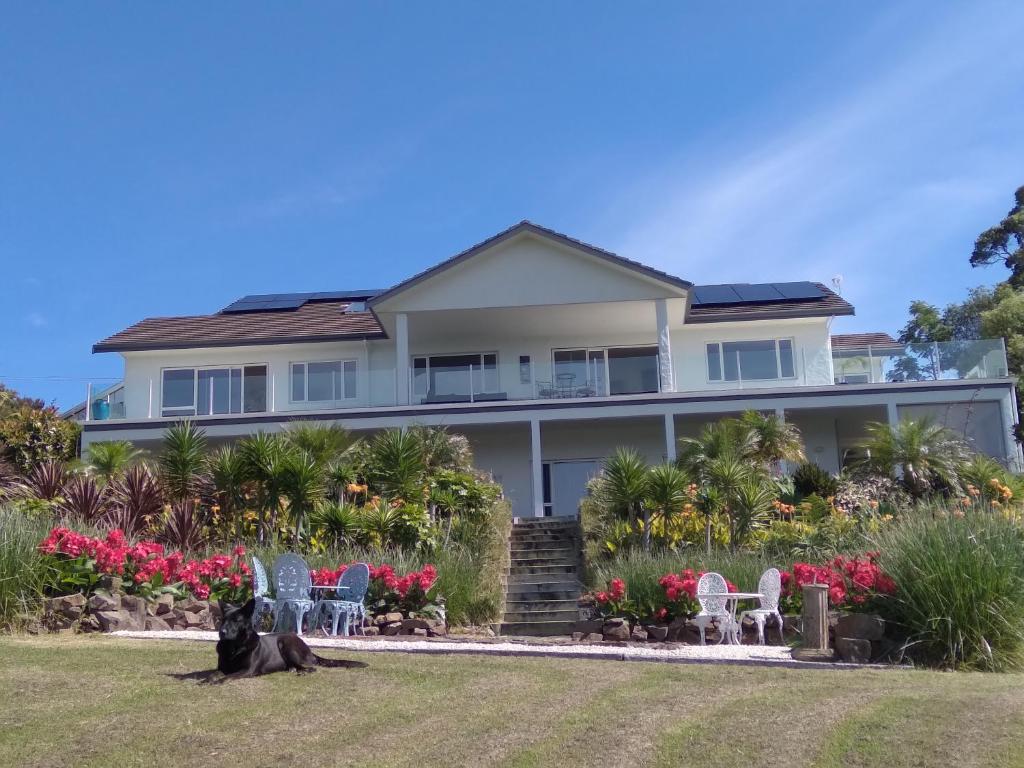 泰帕Taipa Coastal Retreat的前面有椅子和鲜花的房子