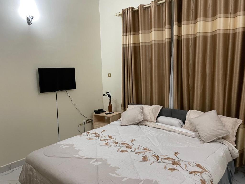 坎帕拉Jaffa Suites的一间卧室配有一张床和一台电视