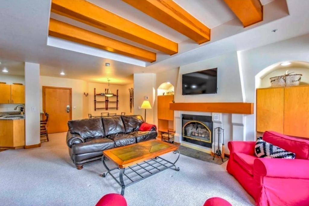 索利图德Red Snowshoes & Stay in Solitude的客厅设有真皮沙发和壁炉