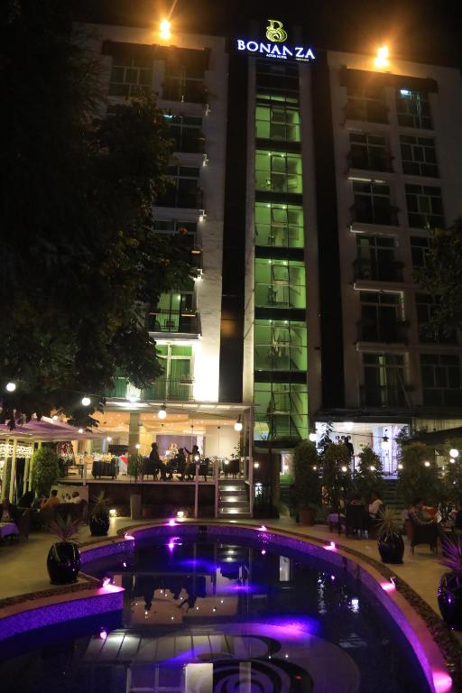 亚的斯亚贝巴Bonanza Addis Hotel的一座大建筑前面有紫色的灯