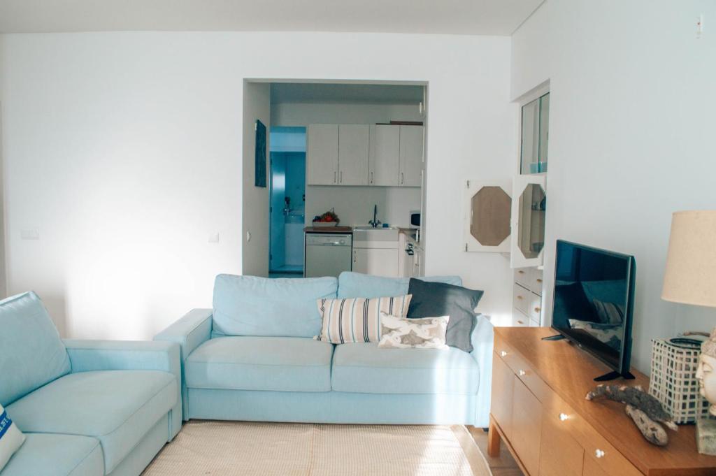 莫莱杜Xicotina的客厅配有蓝色的沙发和电视