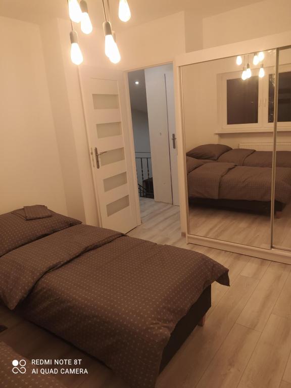 波兹南Apartament Brzechwy的一间卧室配有一张床和镜子