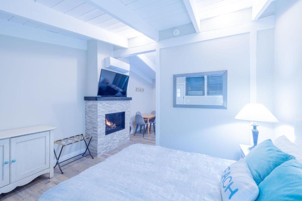 蓝山Boutique Suite #3的一间卧室配有一张床、一个壁炉和一台电视。